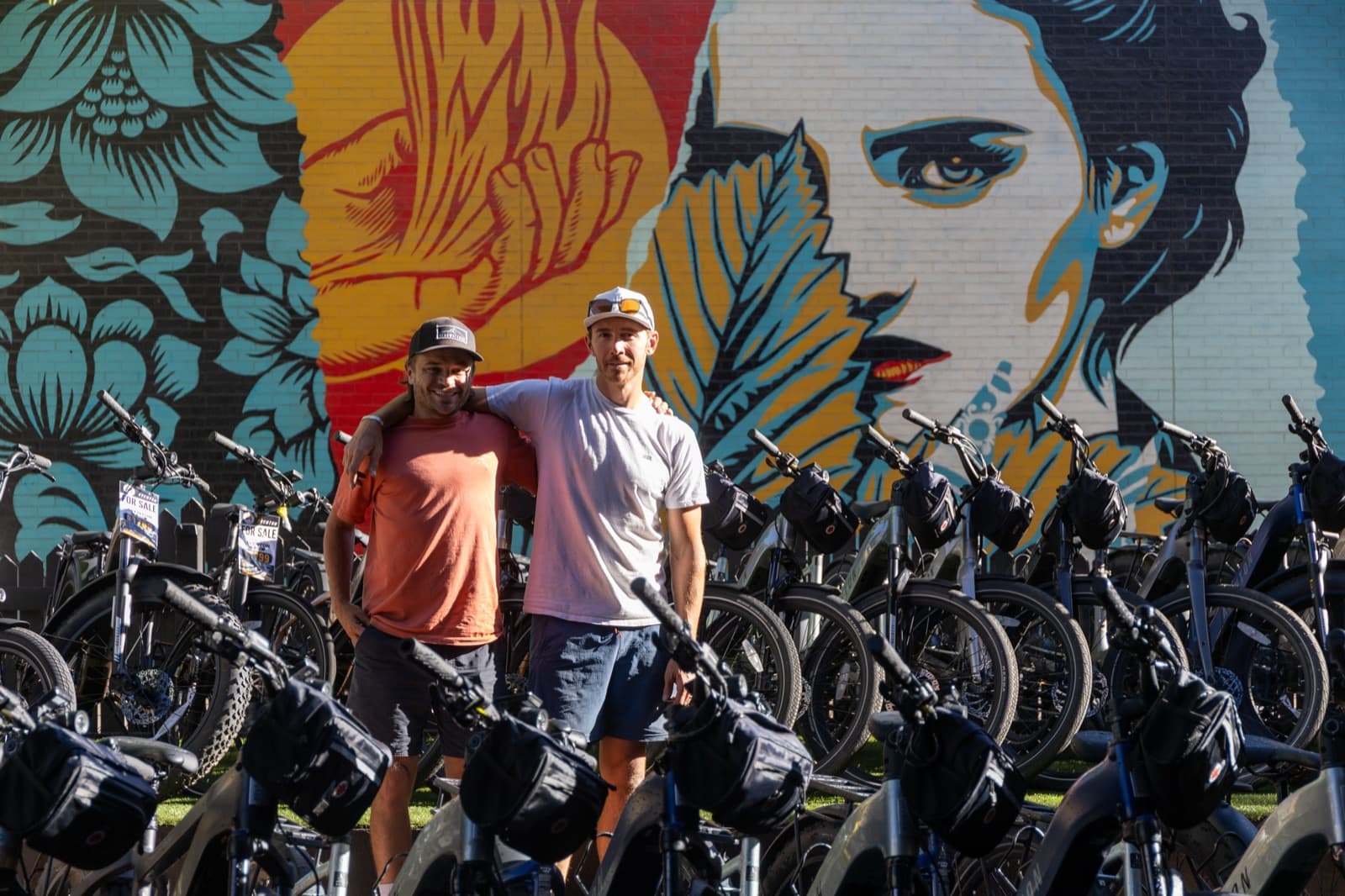 Founders Austin Nelson and Andrew Amato with e-bikes outside the shop in Aspen