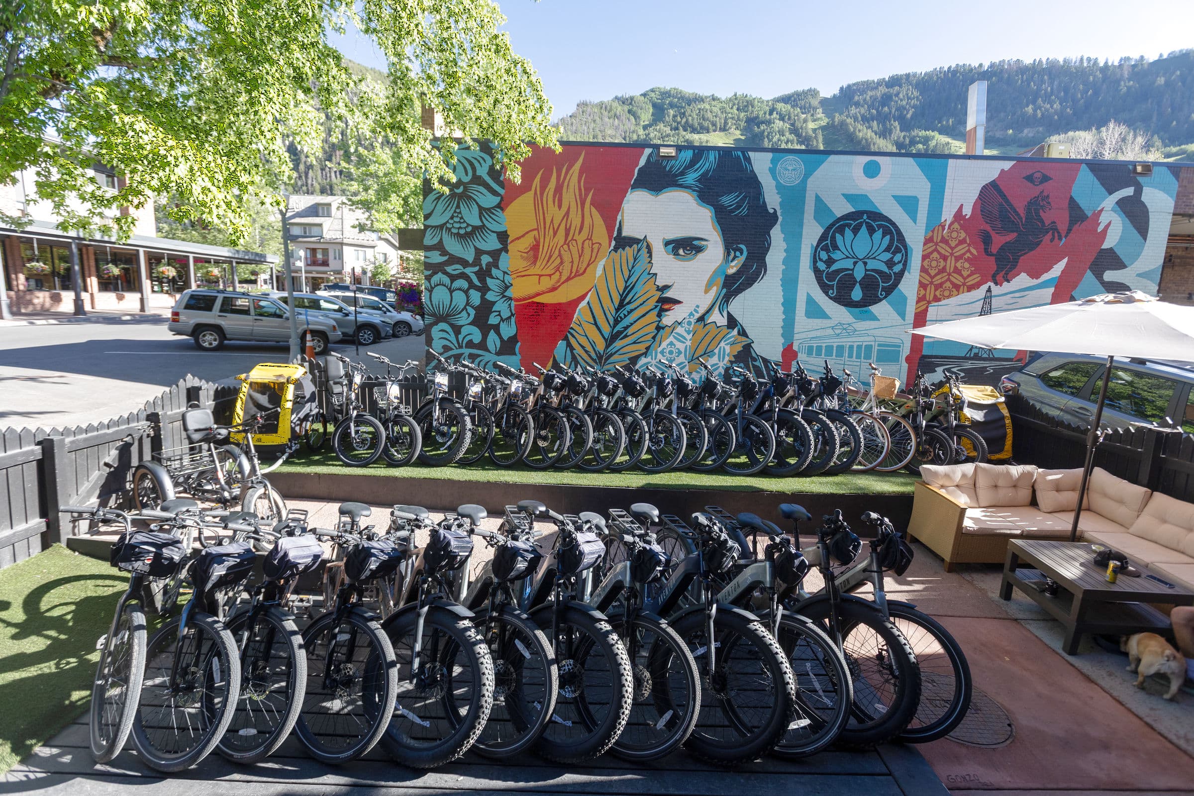 Aspen's Best E-Bikes full fleet of Aventon e-bikes lined up in front of the downtown Aspen mural